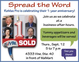 Ad for local ReMax office first anniversary celebration.